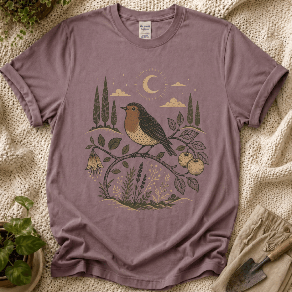 Moonlit Robin Botanical Bird T-Shirt by Zen & Zucchinis Slow Garden Club