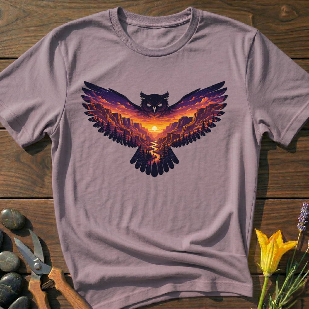Sunset Owl T-Shirt - botanical nature graphic t-shirt, minimalist design, unisex tee”