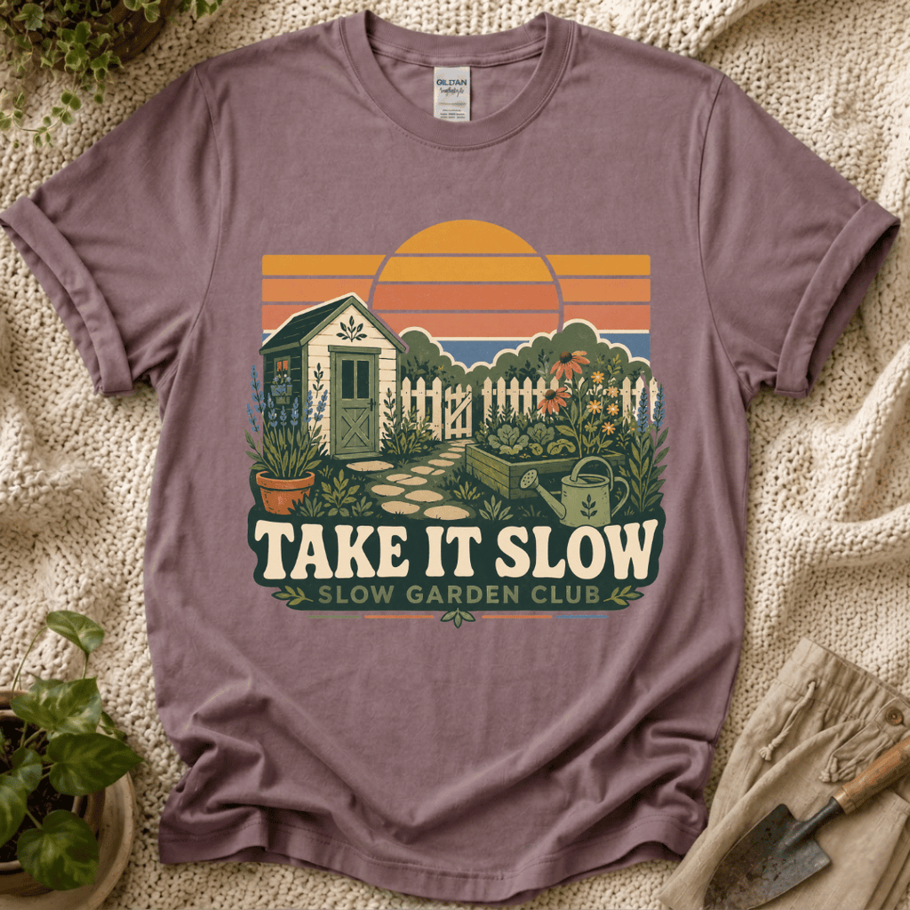 Take It Slow Garden Sunset T-Shirt - Zen & Zucchinis garden graphic tee