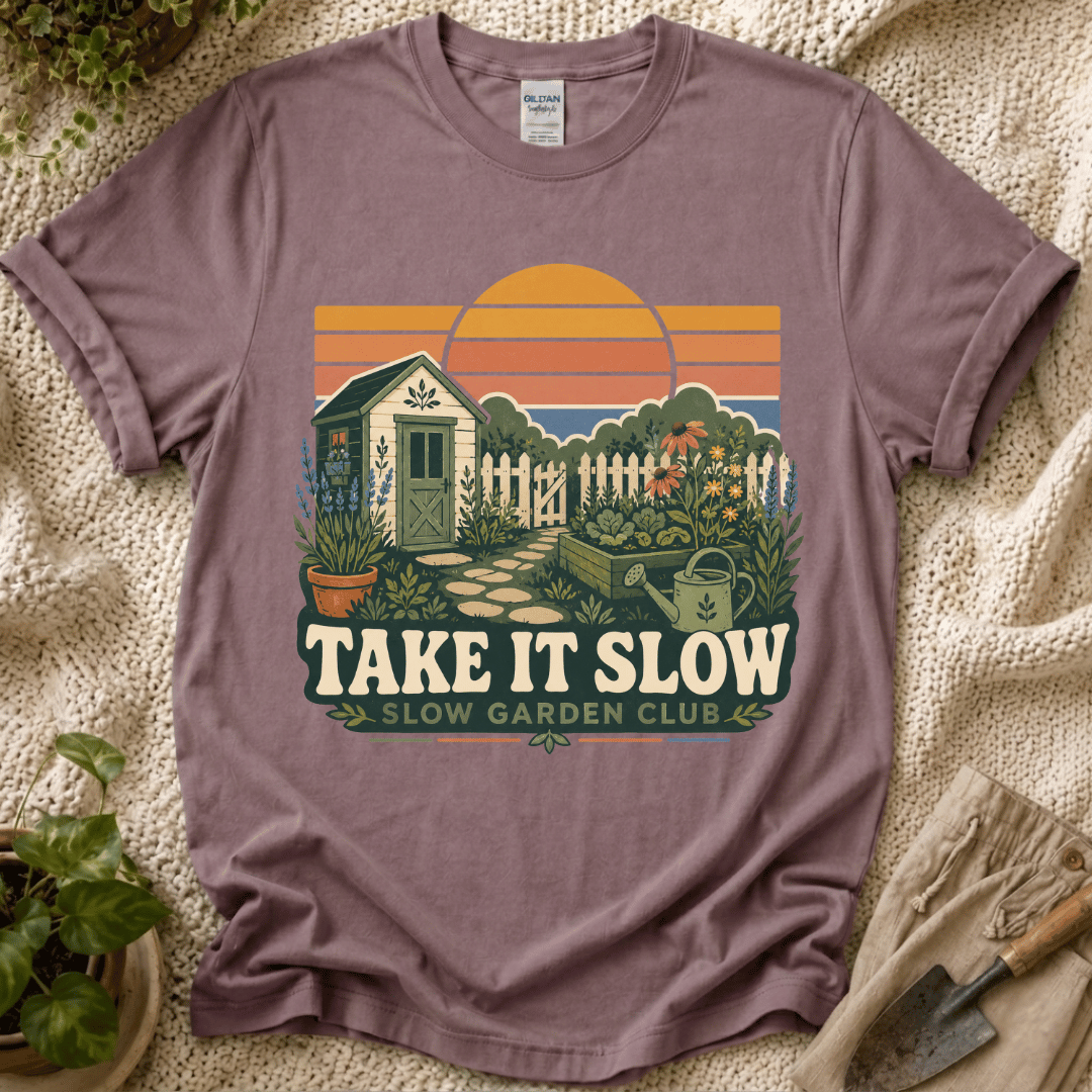 Take It Slow Garden Sunset T-Shirt - Zen & Zucchinis garden graphic tee