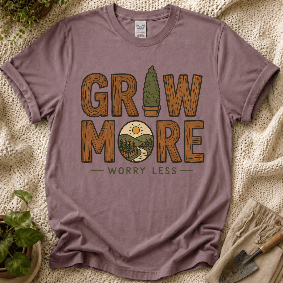 Grow More, Worry Less Garden T-Shirt by Zen & Zucchinis Slow Garden Club