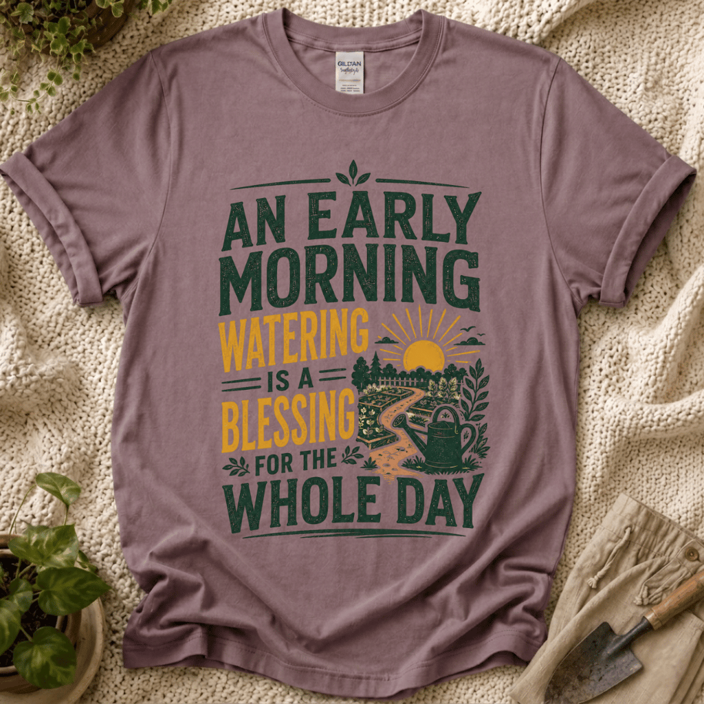 Early Morning Watering Blessing Garden T-Shirt by Zen & Zucchinis Slow Garden Club