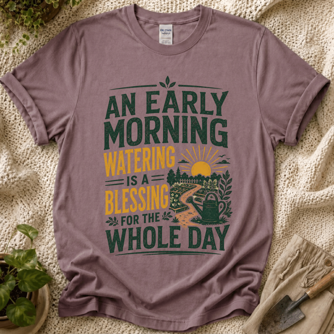 Early Morning Watering Blessing Garden T-Shirt by Zen & Zucchinis Slow Garden Club