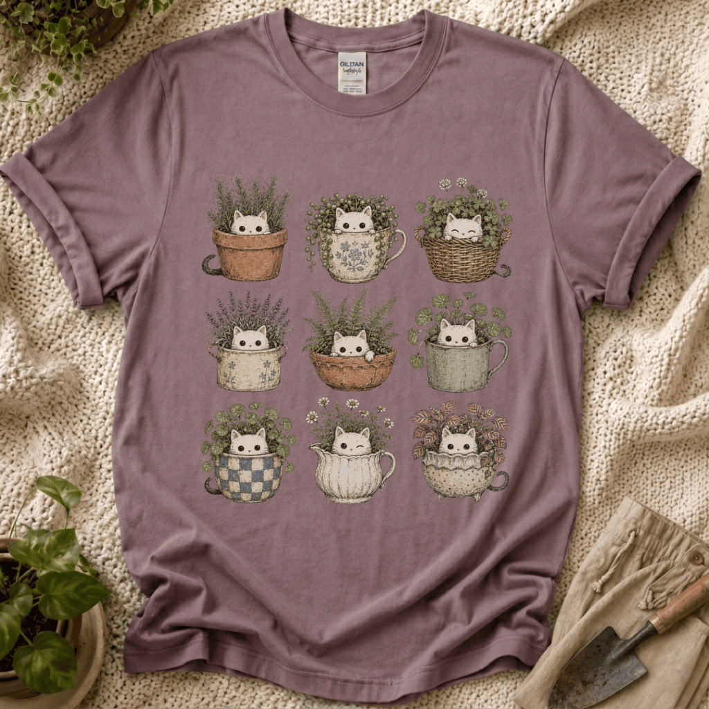 Kitties in Flower Pots T-Shirt by Zen & Zucchinis Slow Garden Club