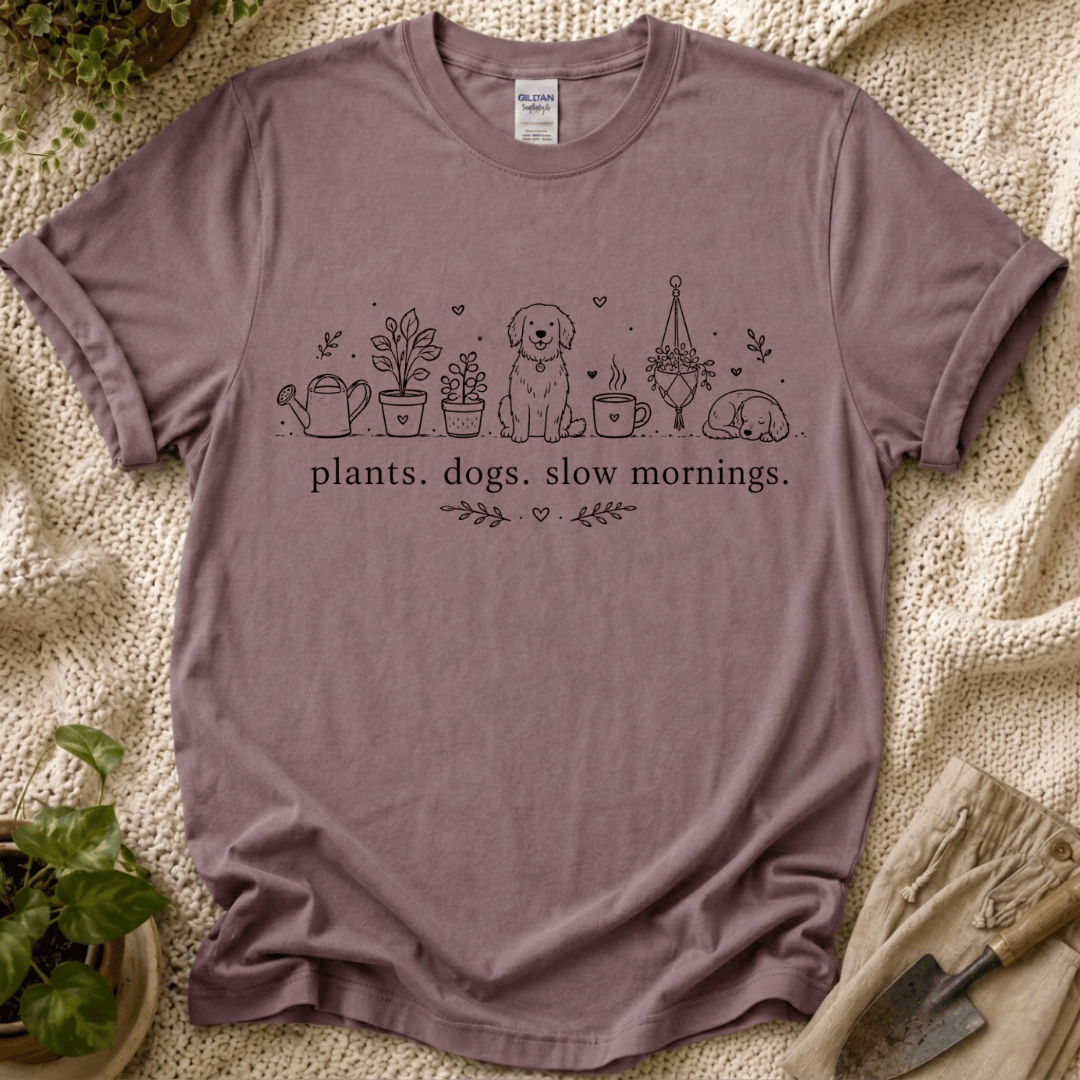 Plant. Dogs. Slow Mornings Lover T-Shirt by Zen & Zucchinis Slow Garden Club