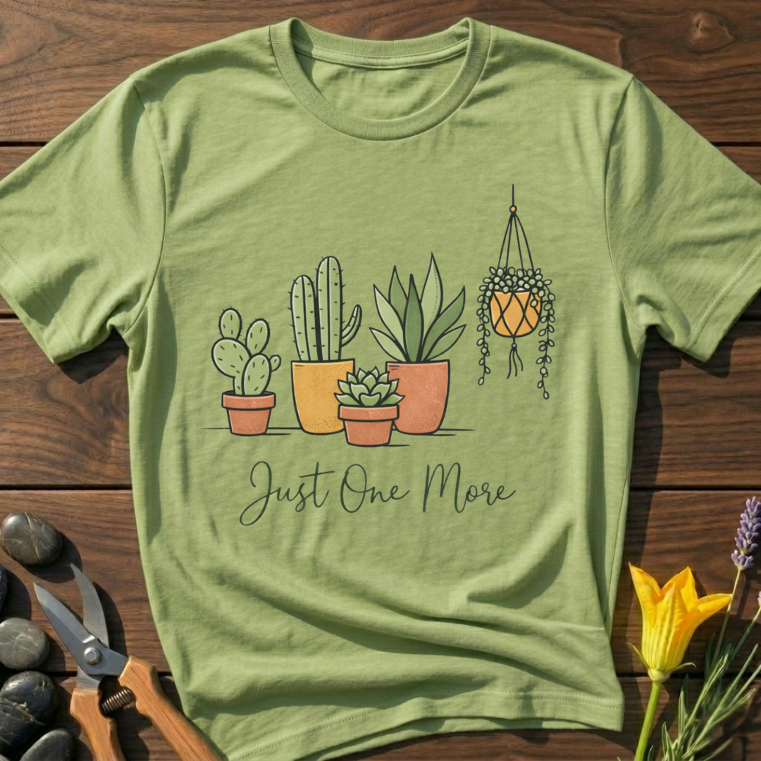 Just One More T-Shirt - botanical nature graphic t-shirt, minimalist design, unisex tee for Nature Lovers, Garnder, Farmer, Plant Lovers