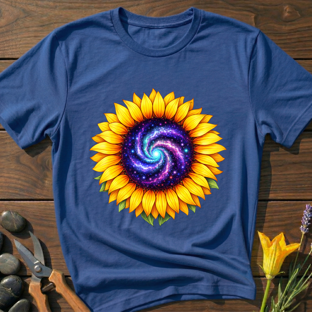 Blue t-shirt with a sunflower design featuring a purple center on a wooden surface.