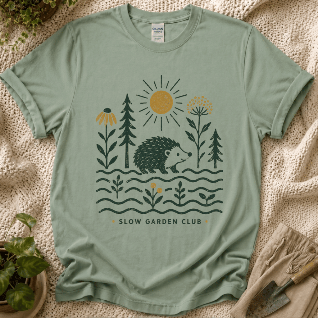 Hedgehog in the Slow Garden T-Shirt by Zen & Zucchinis Slow Garden Club