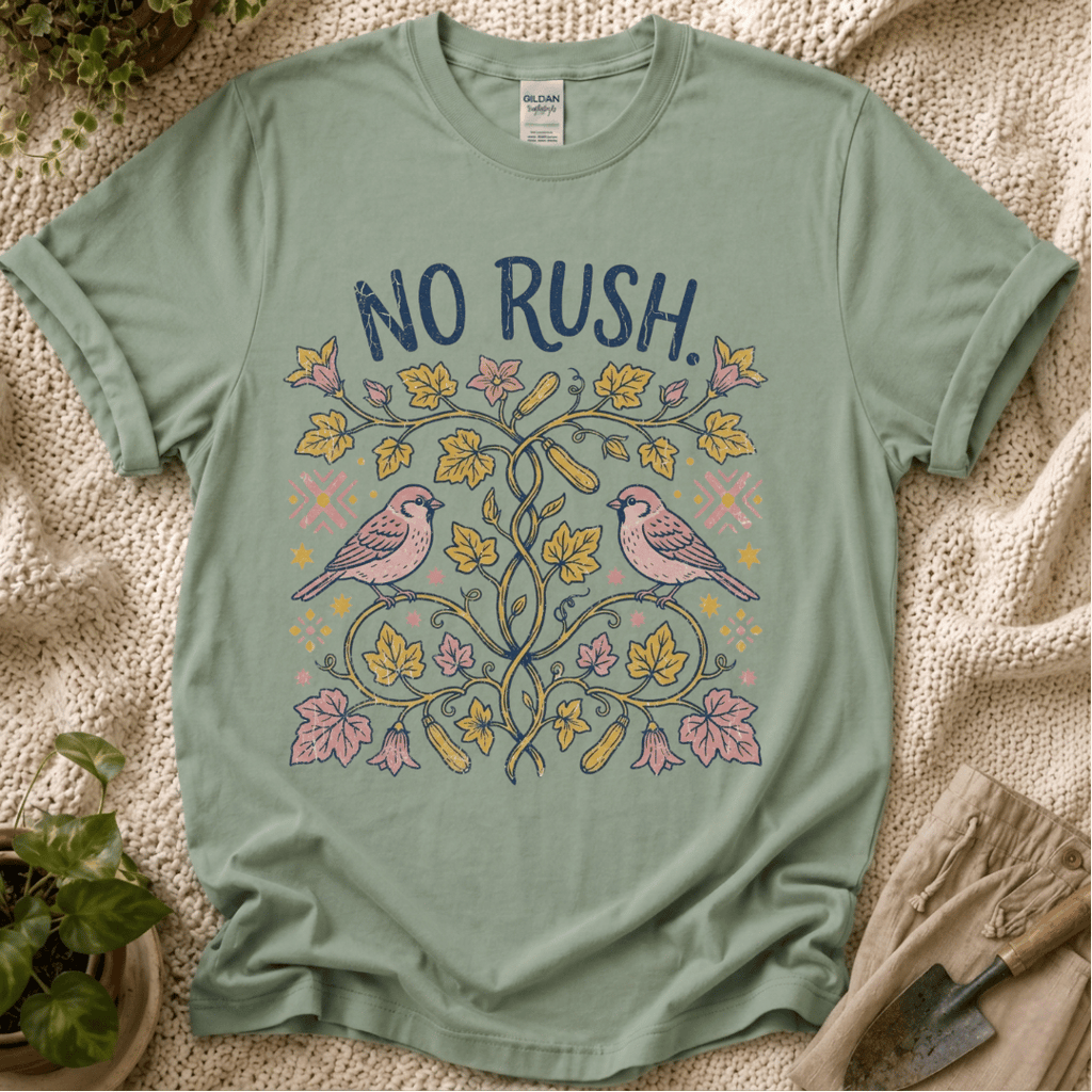 No Rush Zucchini Vine Garden T-Shirt by Zen & Zucchinis Slow Garden Club
