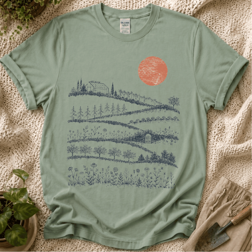 Red Sunset Over Garden T-Shirt by Zen & Zucchinis Slow Garden Club
