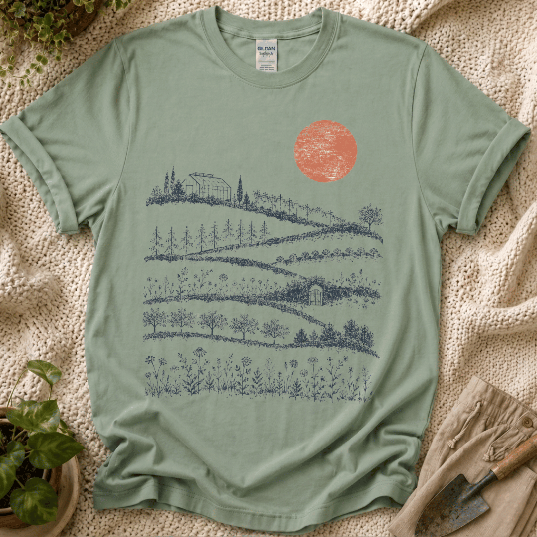 Red Sunset Over Garden T-Shirt by Zen & Zucchinis Slow Garden Club