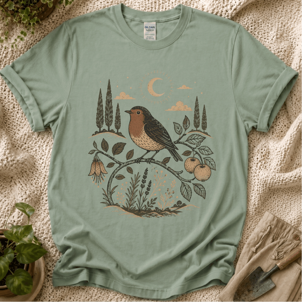 Moonlit Robin Botanical Bird T-Shirt by Zen & Zucchinis Slow Garden Club