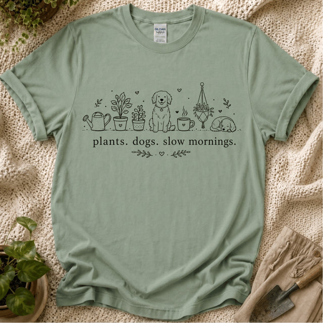 Plant. Dogs. Slow Mornings Lover T-Shirt by Zen & Zucchinis Slow Garden Club