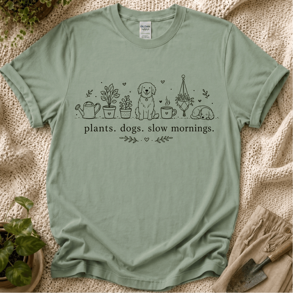Plant. Dogs. Slow Mornings Lover T-Shirt by Zen & Zucchinis Slow Garden Club