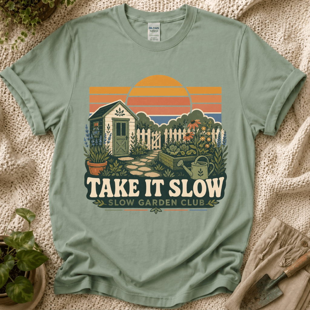Take It Slow Garden Sunset T-Shirt - Zen & Zucchinis garden graphic tee