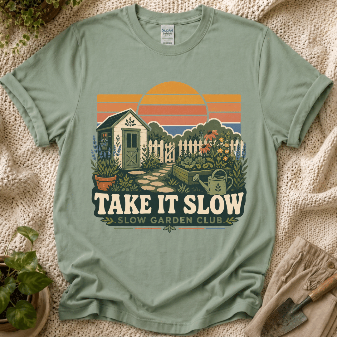 Take It Slow Garden Sunset T-Shirt - Zen & Zucchinis garden graphic tee