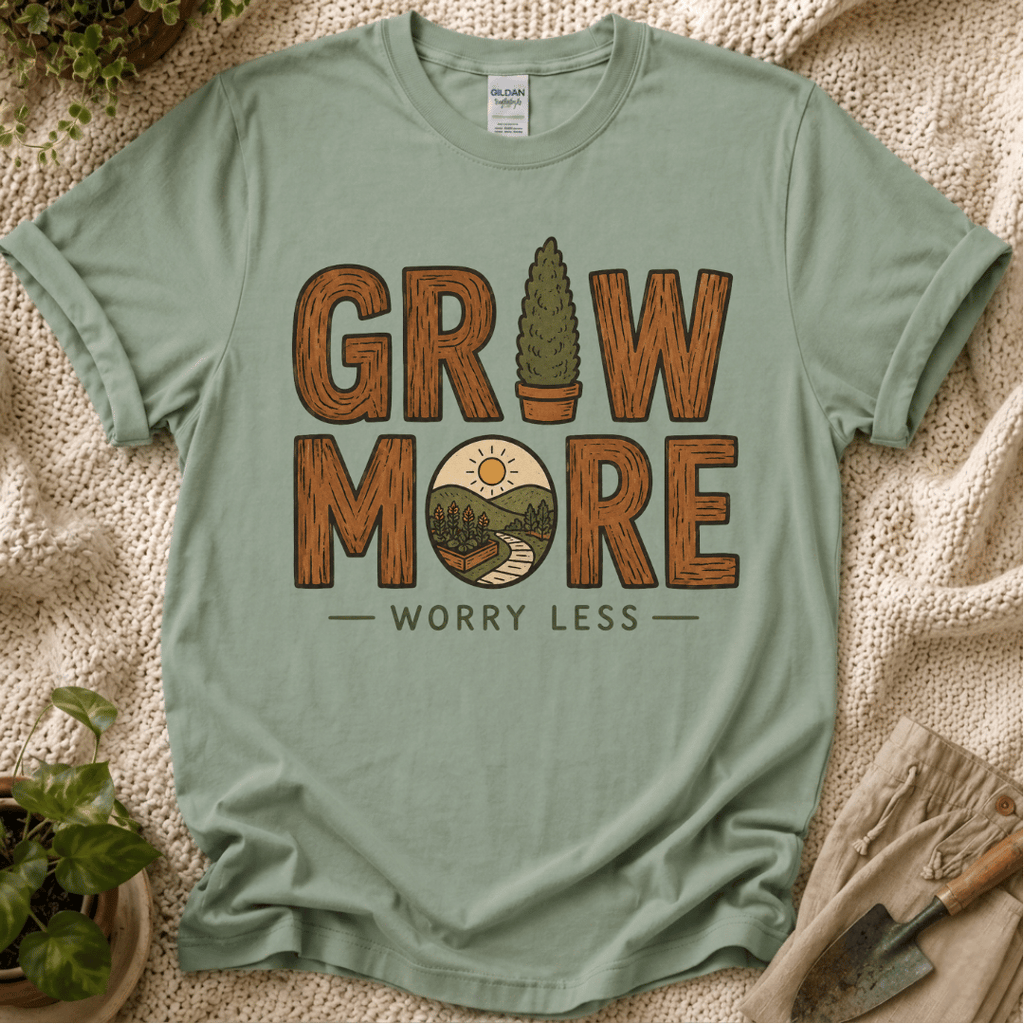 Grow More, Worry Less Garden T-Shirt by Zen & Zucchinis Slow Garden Club
