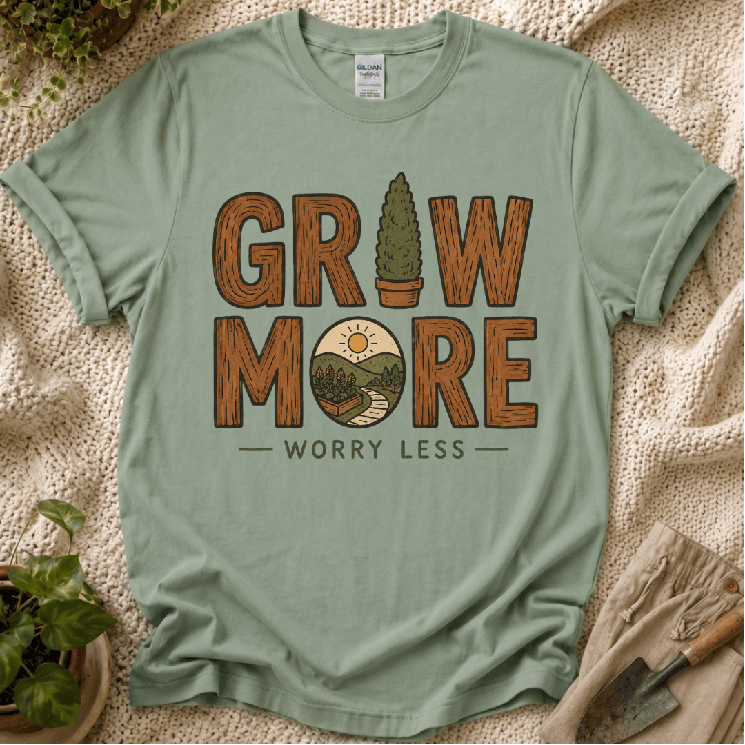 Grow More, Worry Less Garden T-Shirt by Zen & Zucchinis Slow Garden Club