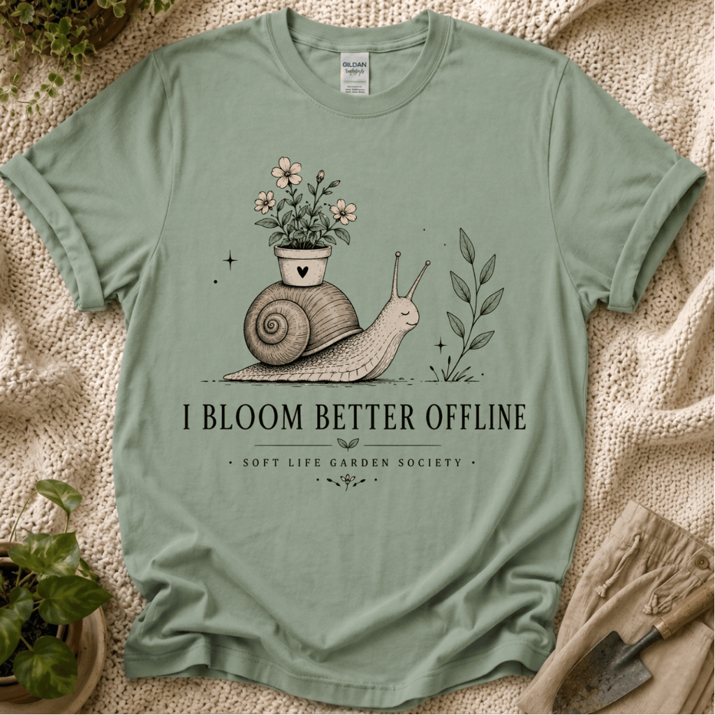 I Bloom Better Offline Snail T-Shirt by Zen & Zucchinis Slow Garden Club