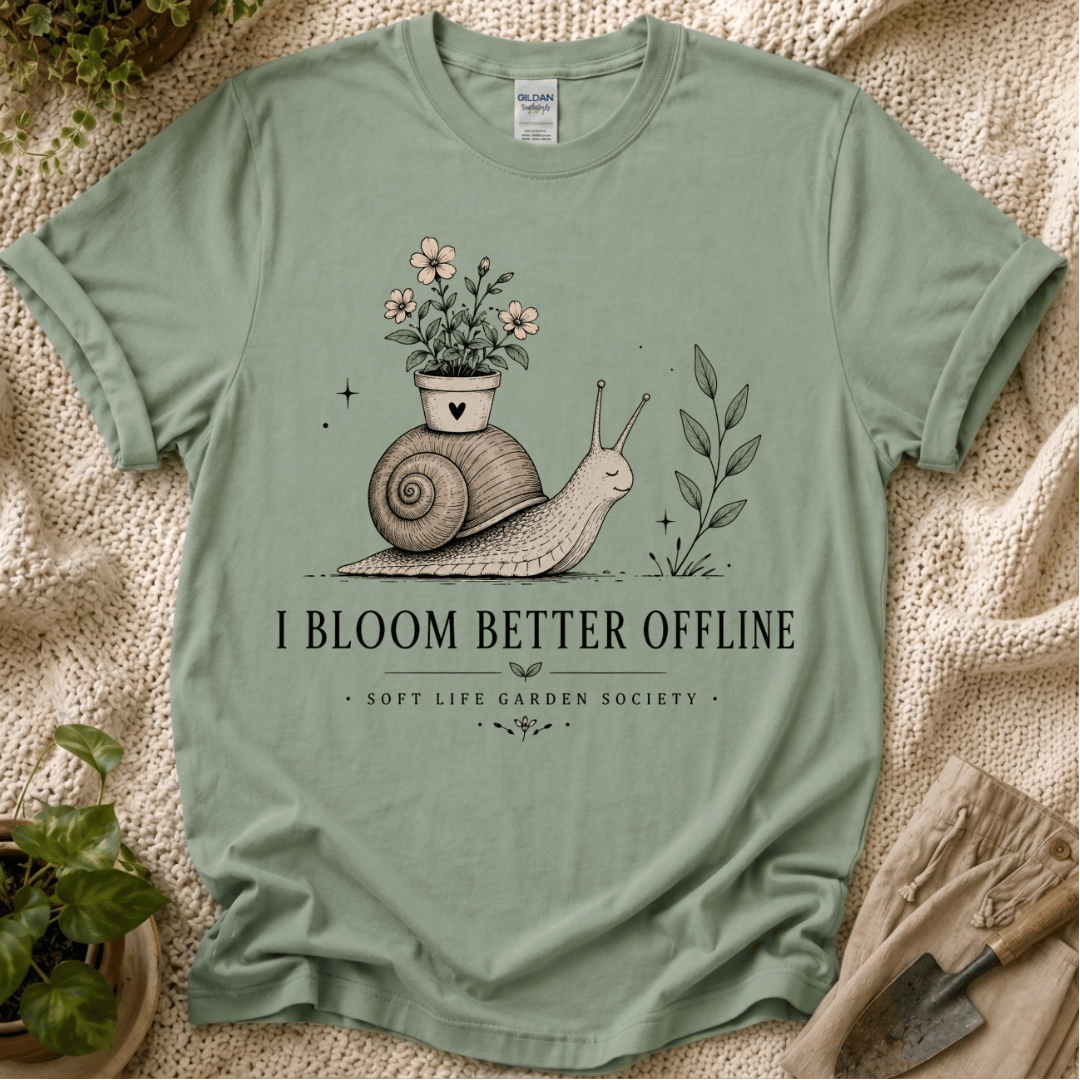 I Bloom Better Offline Snail T-Shirt by Zen & Zucchinis Slow Garden Club