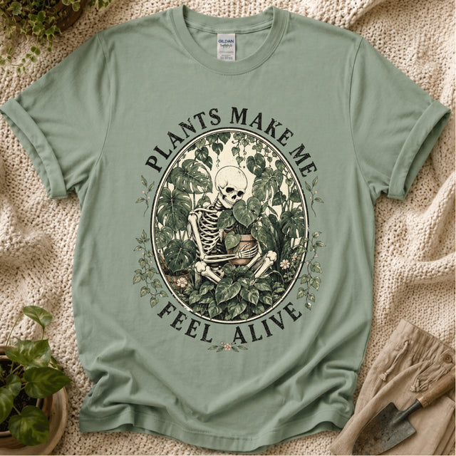 Plants Make Me Feel Alive Skeleton T-Shirt by Zen & Zucchinis Slow Garden Club