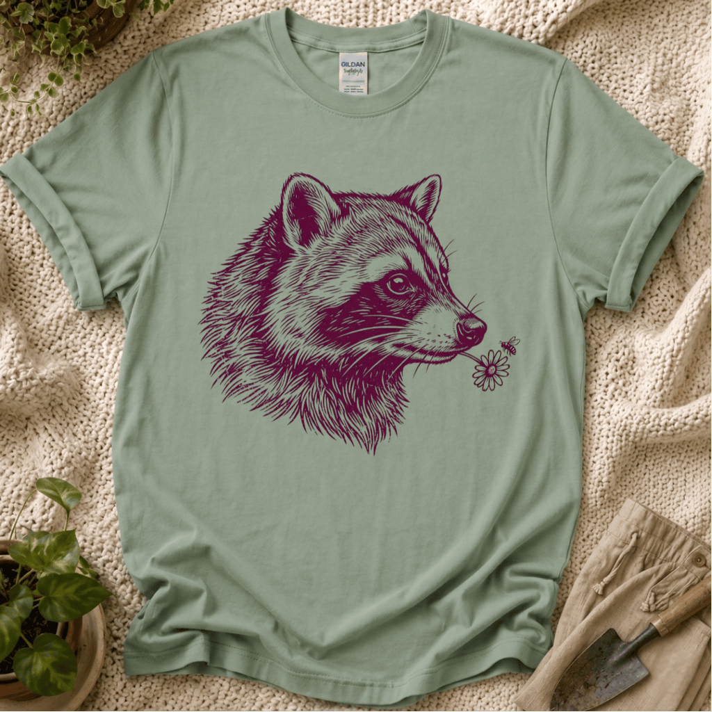 Raccoon, Flower & Bee Garden T-Shirt by Zen & Zucchinis Slow Garden Club
