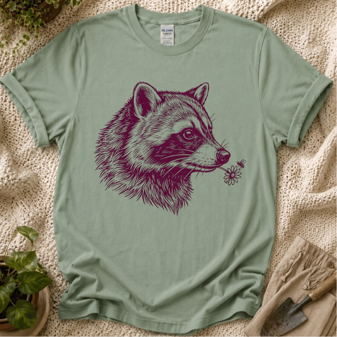 Raccoon, Flower & Bee Garden T-Shirt by Zen & Zucchinis Slow Garden Club