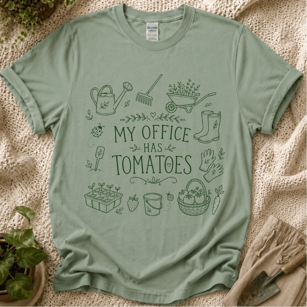 My Office Has Tomatoes Garden Humor T-Shirt by Zen & Zucchinis Slow Garden Club