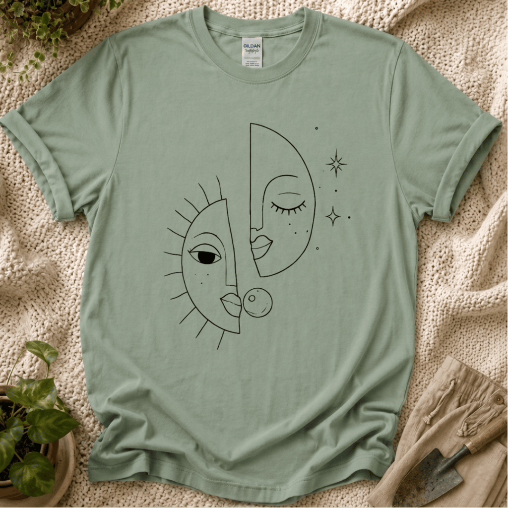 Sun and Moon Celestial Line Art T-Shirt by Zen & Zucchinis Slow Garden Club