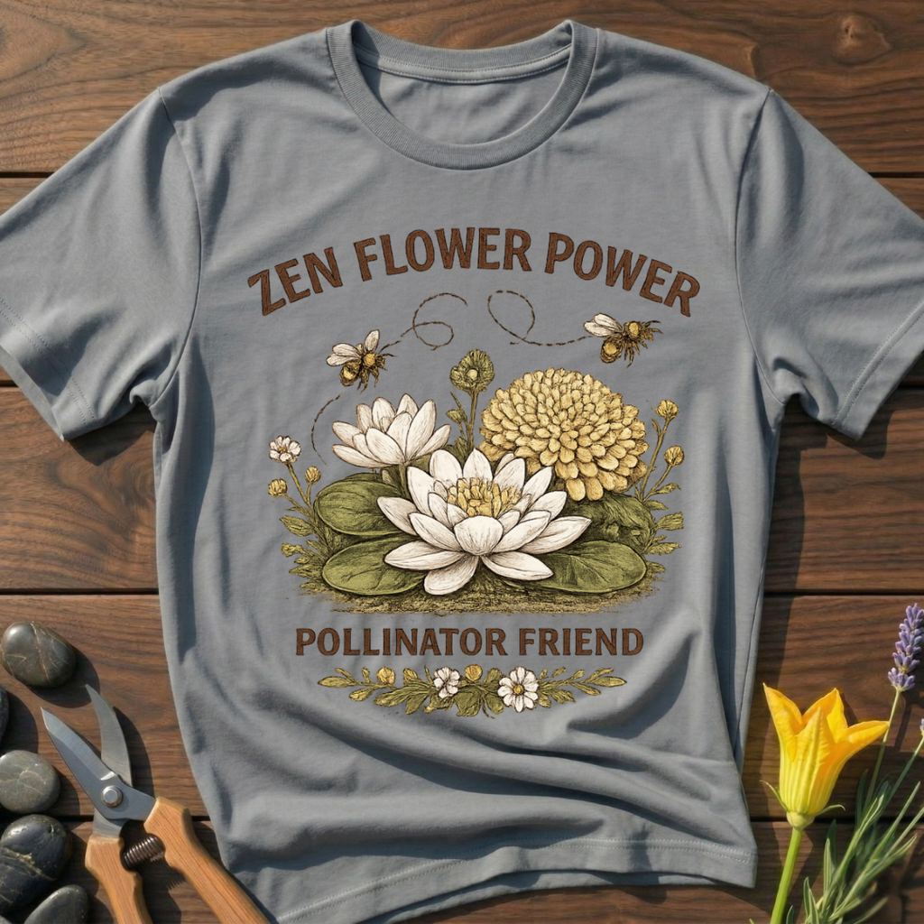 Zen Flower Power T-Shirt - botanical nature graphic t-shirt, minimalist design, unisex tee for Nature Lovers, Garnder, Farmer, Plant Lovers