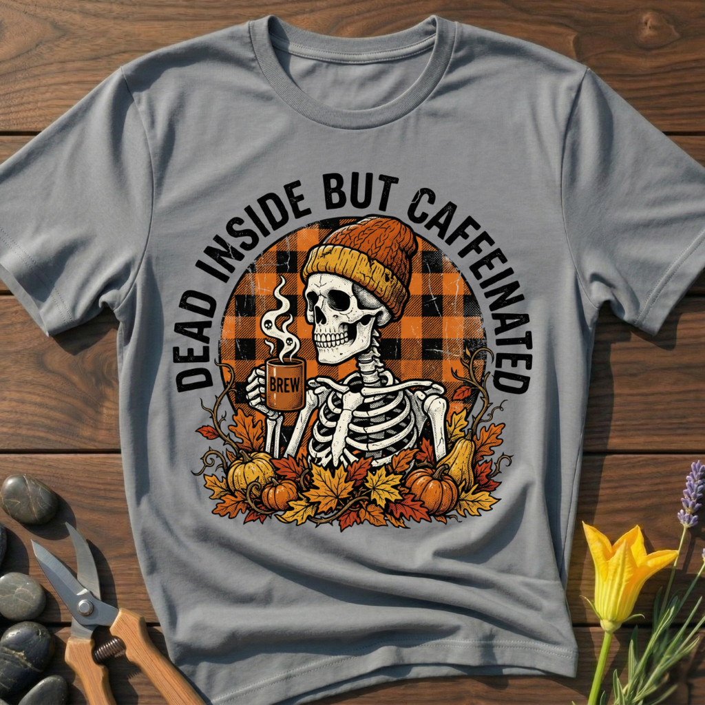 Gray t-shirt with a skeleton design holding a coffee cup, surrounded by pumpkins and leaves on a wooden surface.