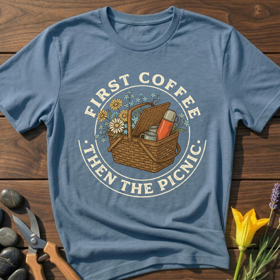 Coffee And Picnic T-Shirt - botanical nature graphic t-shirt, minimalist design, unisex tee for Nature Lovers, Garnder, Farmer, Plant Lovers