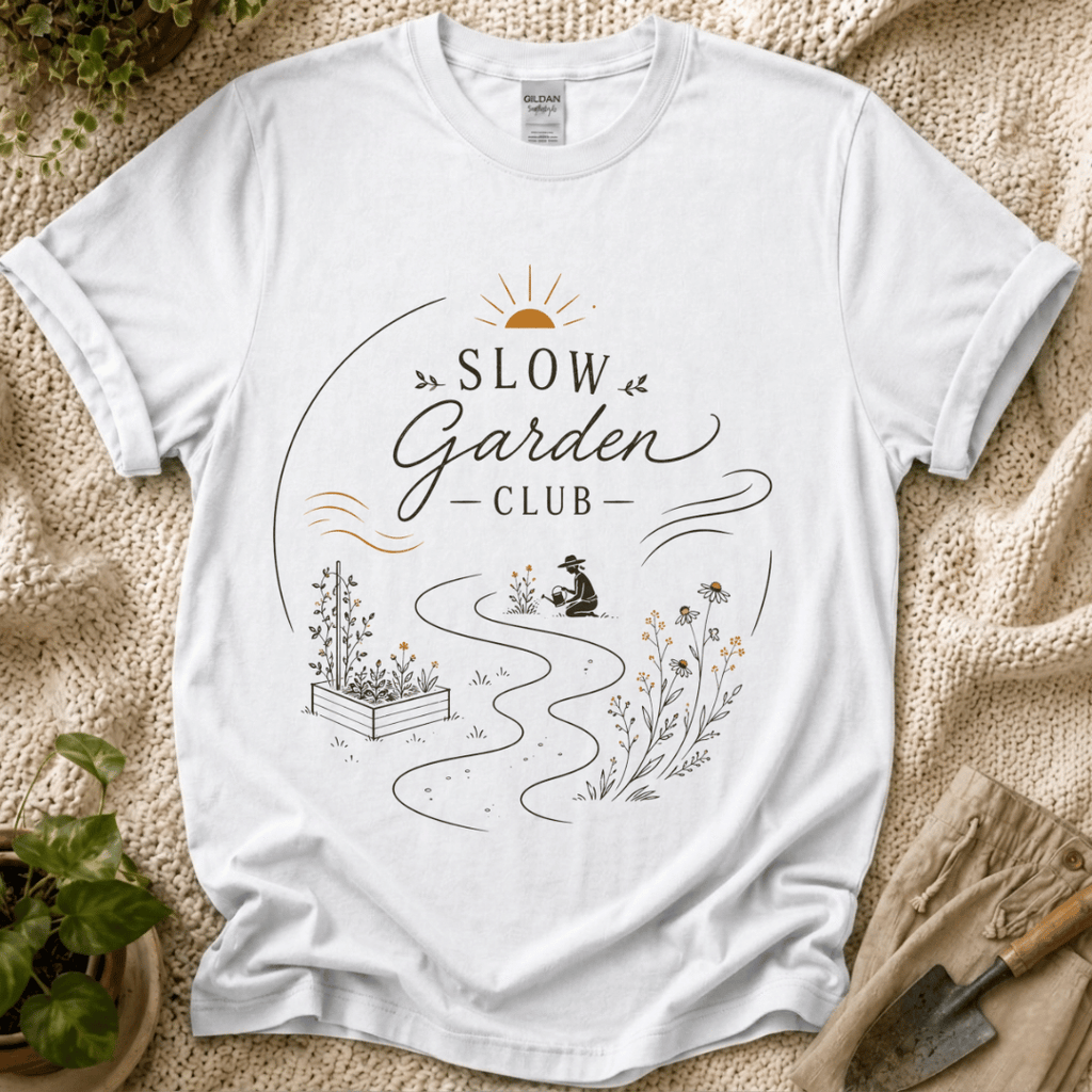 Caring Slow Garden Club T-Shirt - Zen & Zucchinis garden graphic tee