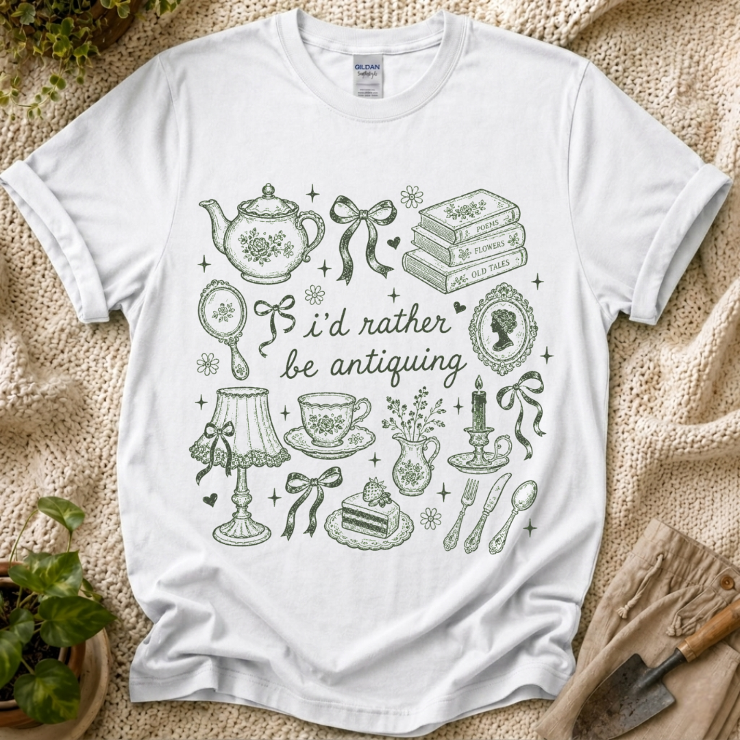 I’d Rather Be Antiquing Cottagecore T-Shirt by Zen & Zucchinis Slow Garden Club