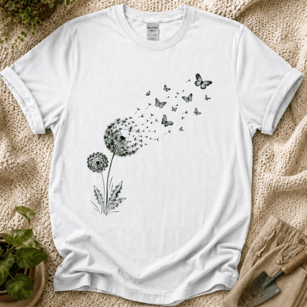 Dandelion Butterfly in the Wind T-Shirt by Zen & Zucchinis Slow Garden Club