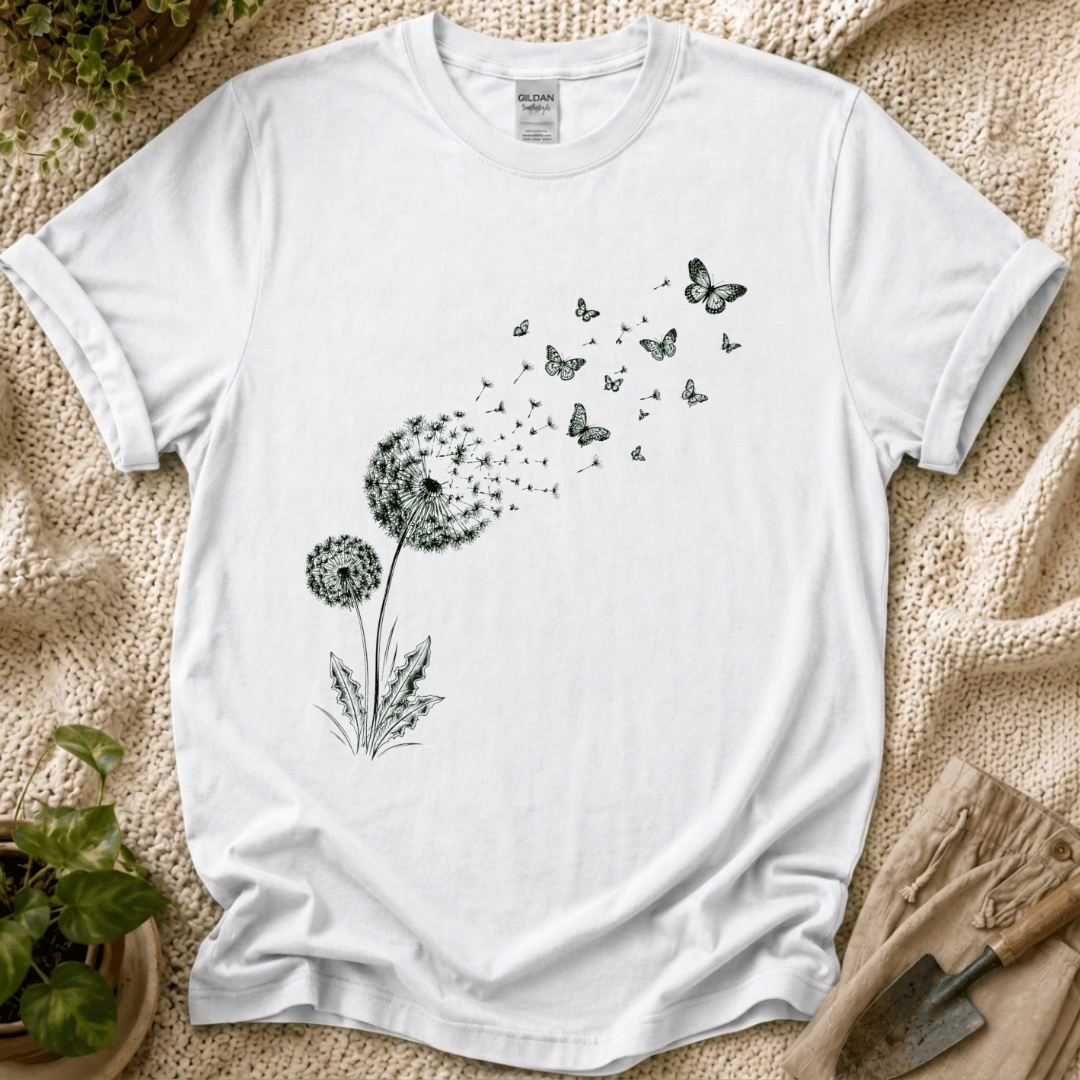 Dandelion Butterfly in the Wind T-Shirt by Zen & Zucchinis Slow Garden Club