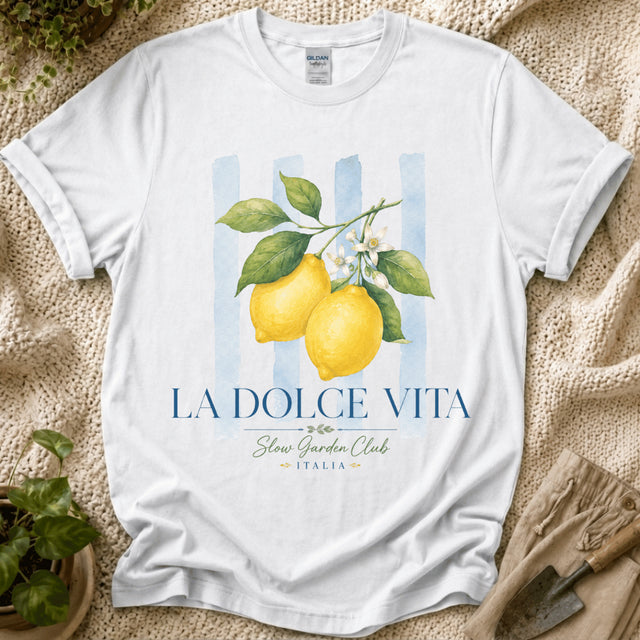La Dolce Vita Lemon Summer Stripes T-Shirt - Zen & Zucchinis garden graphic tee