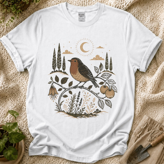 Moonlit Robin Botanical Bird T-Shirt by Zen & Zucchinis Slow Garden Club
