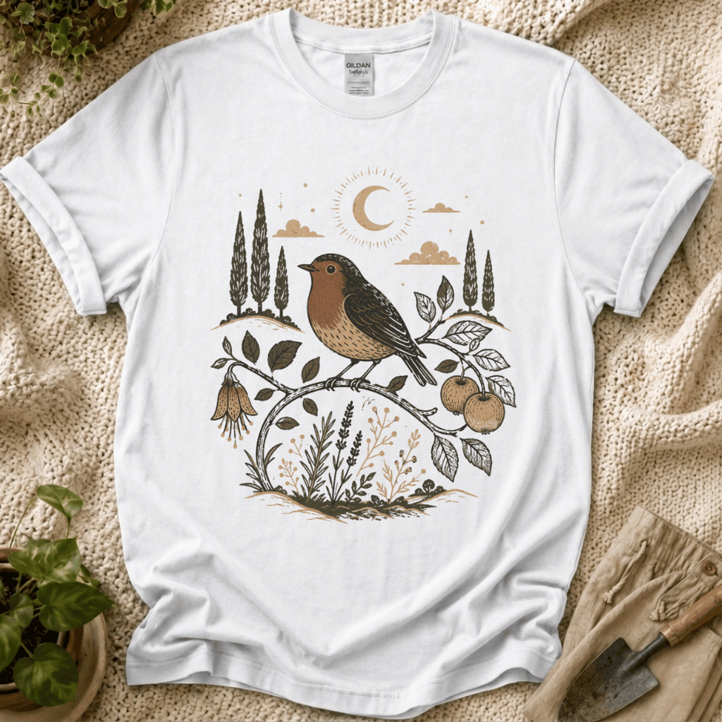 Moonlit Robin Botanical Bird T-Shirt by Zen & Zucchinis Slow Garden Club