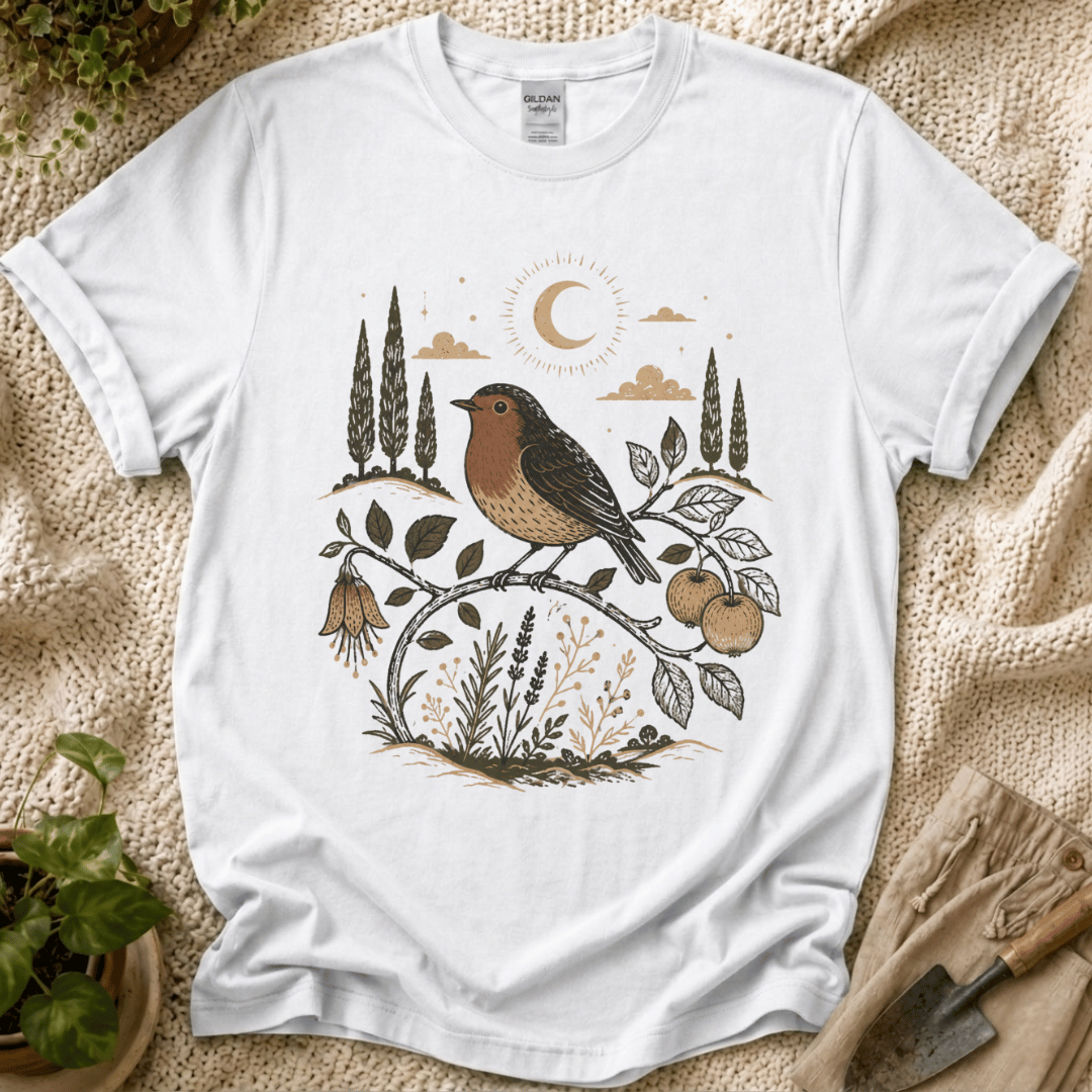 Moonlit Robin Botanical Bird T-Shirt by Zen & Zucchinis Slow Garden Club