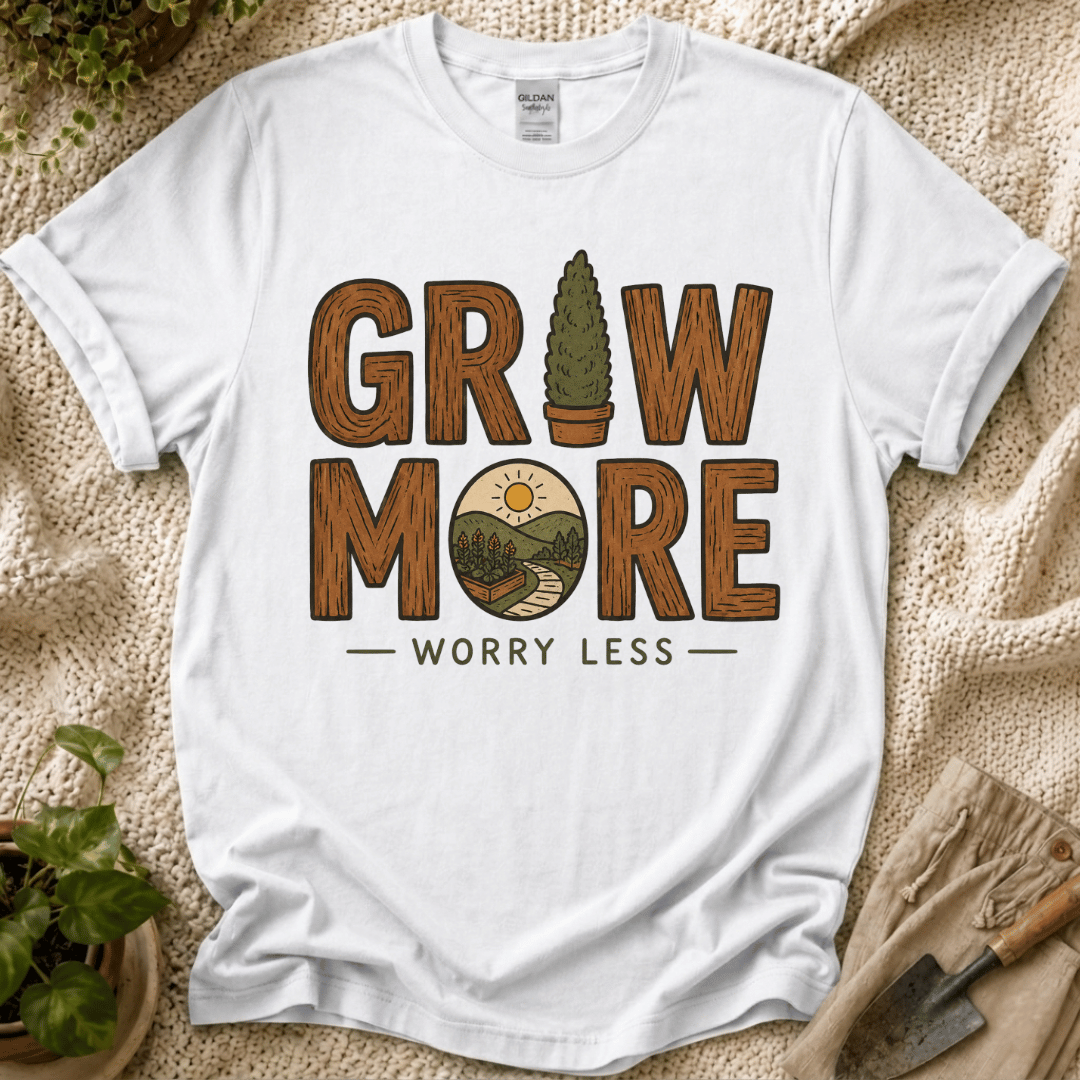 Grow More, Worry Less Garden T-Shirt by Zen & Zucchinis Slow Garden Club