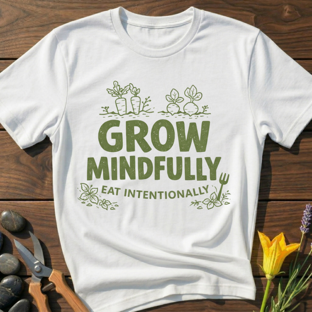 Grow Mindfully T-Shirt - botanical nature graphic t-shirt, minimalist design, unisex tee for Nature Lovers, Garnder, Farmer, Plant Lovers