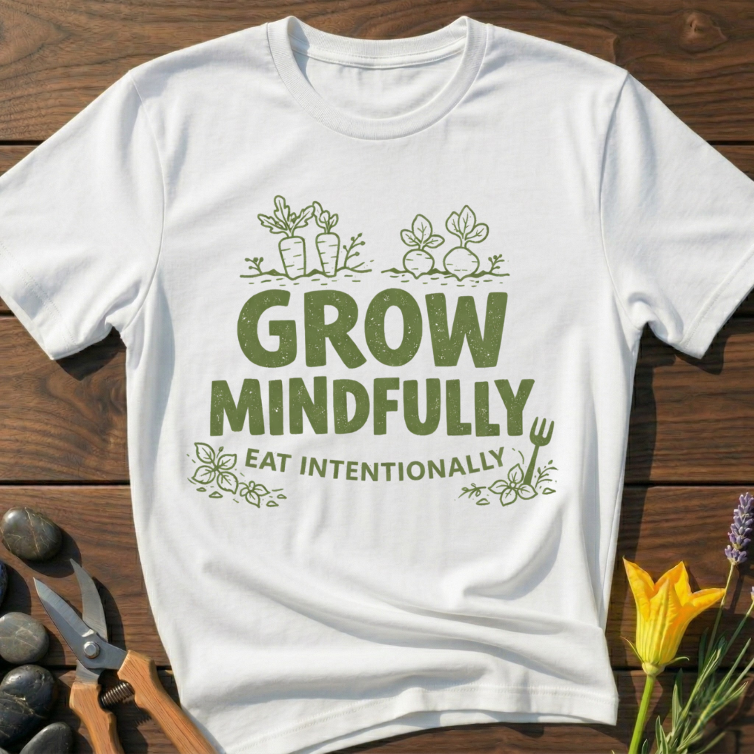 Grow Mindfully T-Shirt - botanical nature graphic t-shirt, minimalist design, unisex tee for Nature Lovers, Garnder, Farmer, Plant Lovers