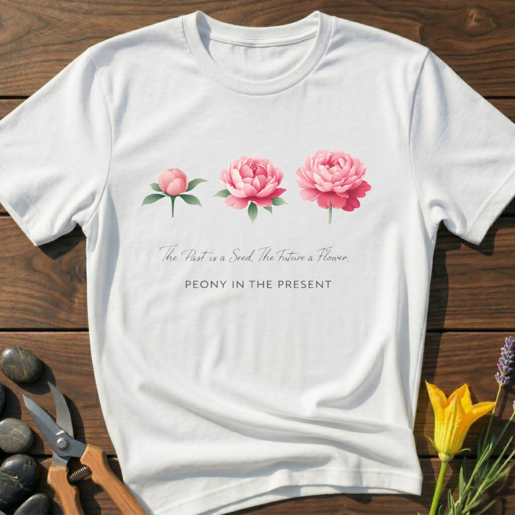 Peony Present T-Shirt - botanical nature graphic t-shirt, minimalist design, unisex tee for Nature Lovers, Garnder, Farmer, Plant Lovers