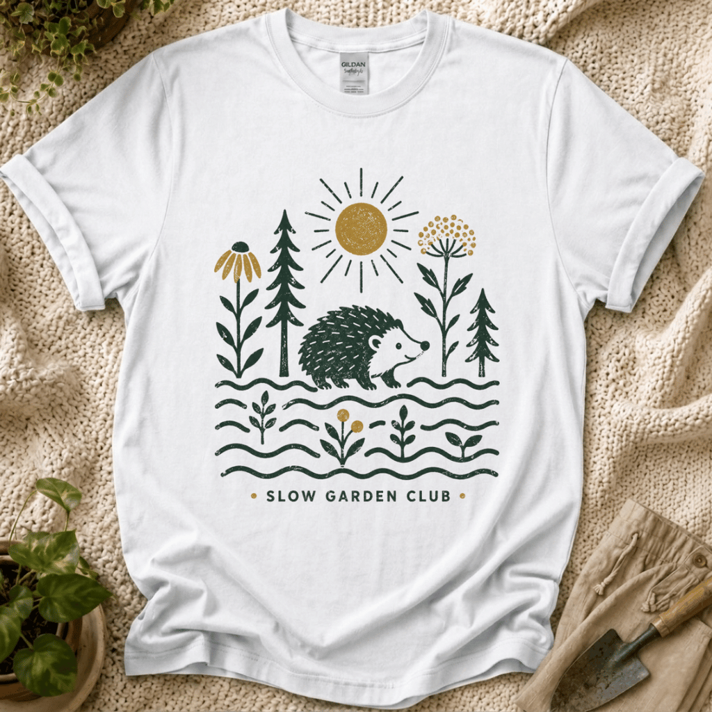 Hedgehog in the Slow Garden T-Shirt by Zen & Zucchinis Slow Garden Club