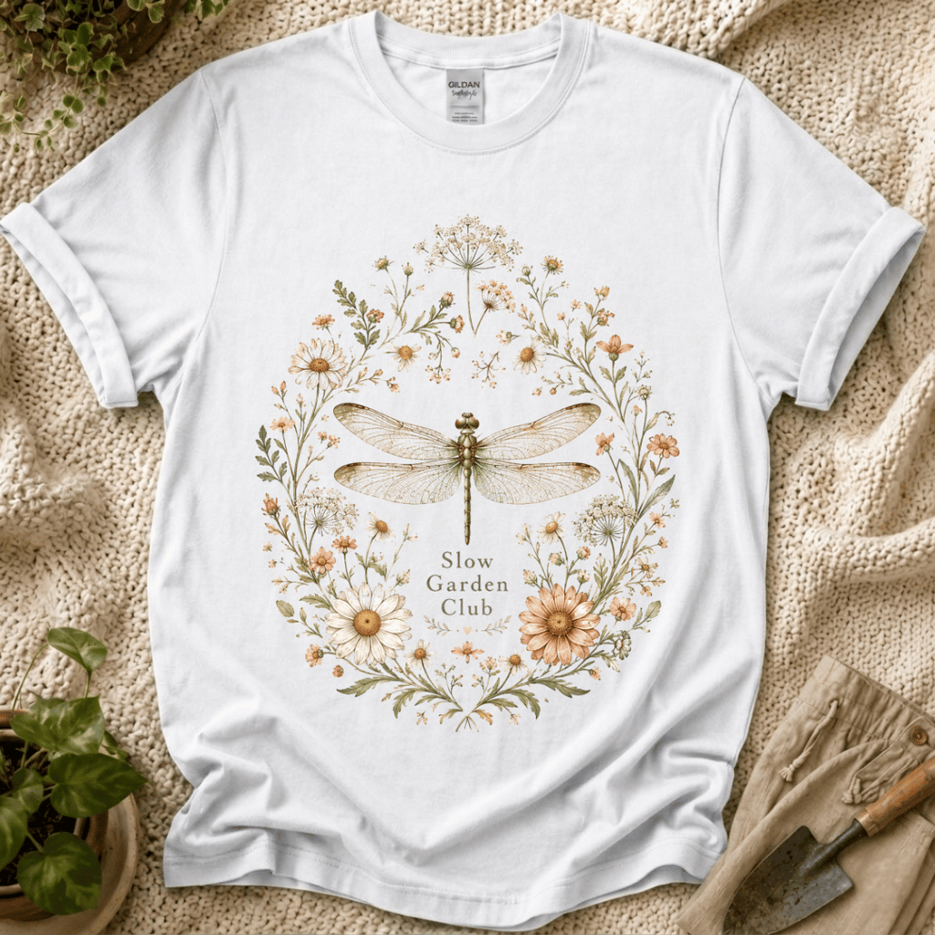 Slow Garden Club Botanical Dragonfly T-Shirt by Zen & Zucchinis Slow Garden Club