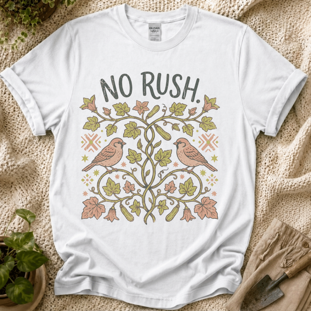 No Rush Zucchini Vine Garden T-Shirt by Zen & Zucchinis Slow Garden Club