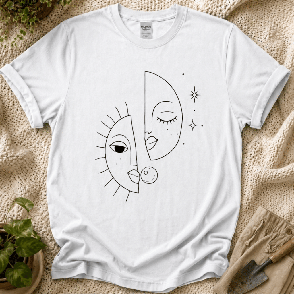 Sun and Moon Celestial Line Art T-Shirt by Zen & Zucchinis Slow Garden Club