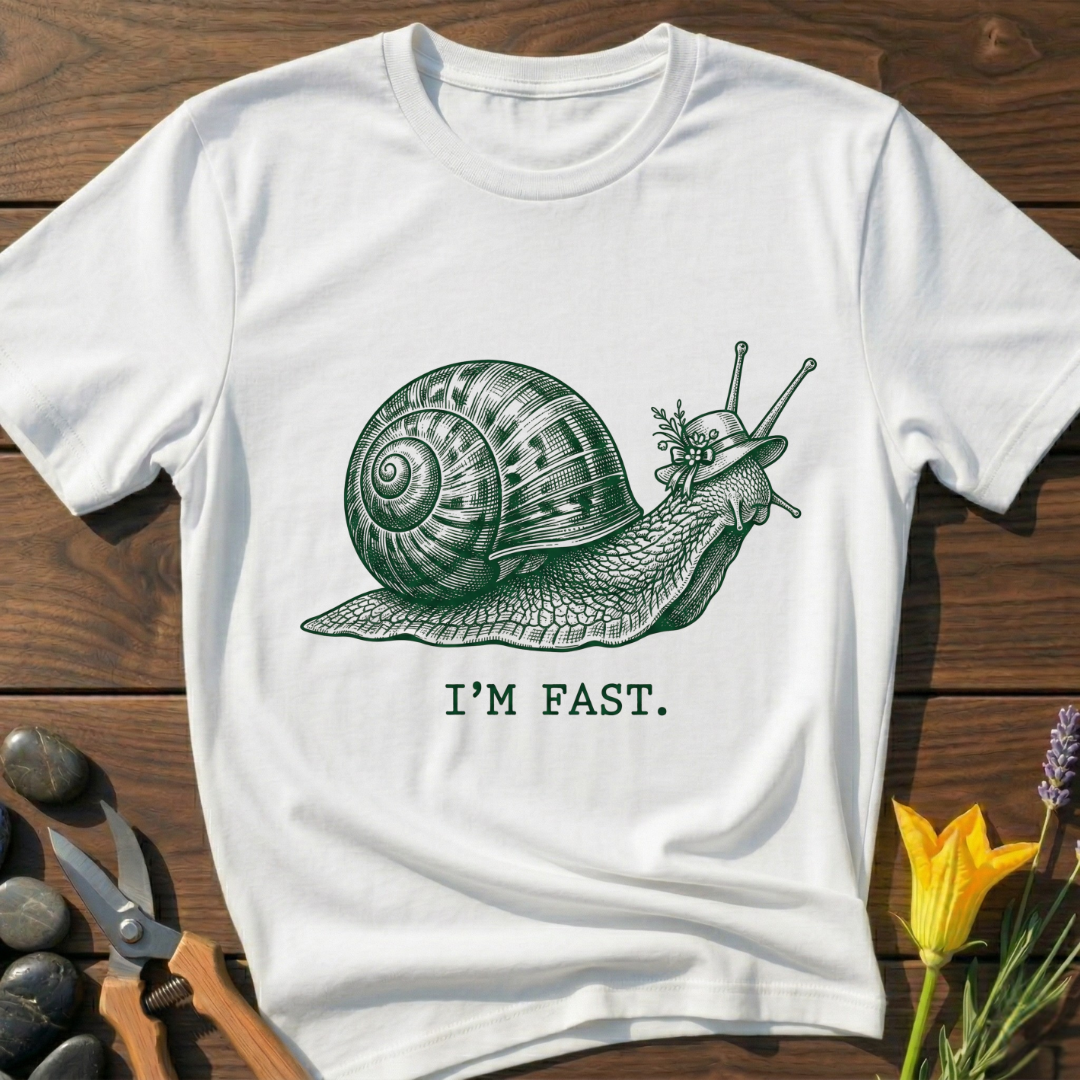 I'm Fast Snail T-Shirt - botanical nature graphic t-shirt, minimalist design, unisex tee for Nature Lovers, Garnder, Farmer, Plant Lovers
