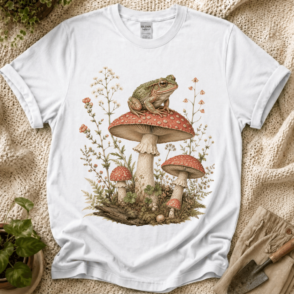 Frog on Mushrooms Cottage Garden T-Shirt